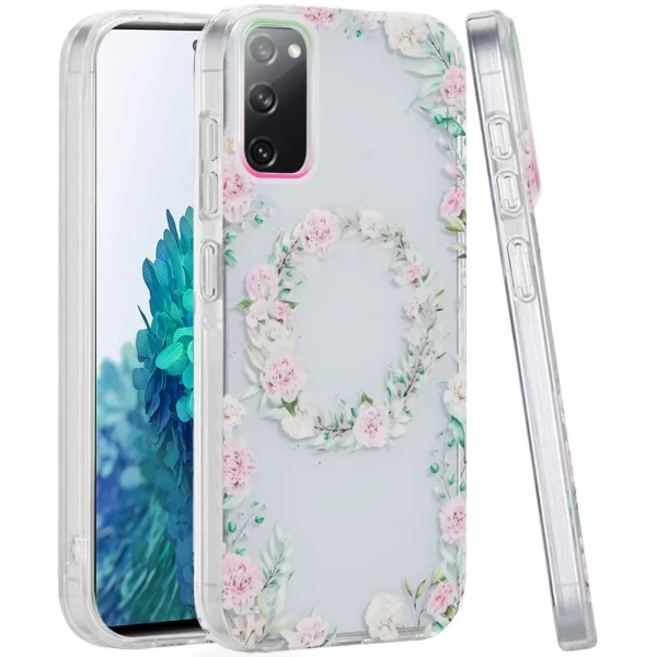 Double Layer Design IMD TPU Case - Green/Pink Floral   GALAXY S20 ULTRA (6.9 INC)